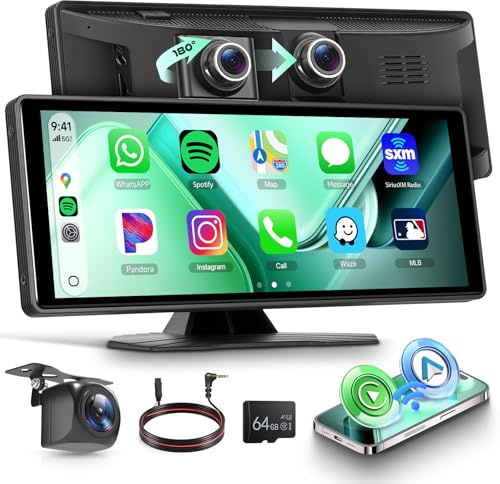 Rimoody 10.26 Inch Wireless CarPlay Android Auto Screen with 4K Dash Cam | Car Play Screen Loop Recording Siri IPS Touchscreen Bluetooth FM Transmitter/AUX Split Screen Reverse Camera 64G SD Card