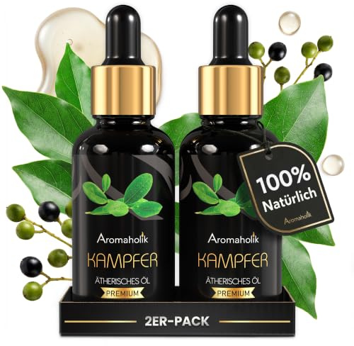Kampferöl BIO 60ml (2x30) Ätherisches Öl 100% natürlich – für Diffuser & Vernebler – Camphor Essential Oils aus Indien für Sauna & Dampfbad – Aromaholik