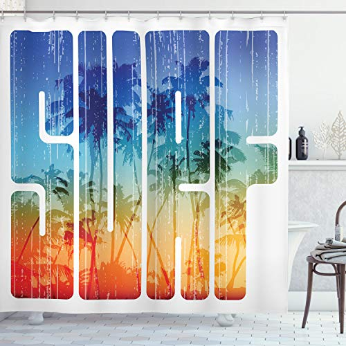 ABAKUHAUS Sommer Duschvorhang, Surf Retro Letters Palms, Stoffliches Gewebe Badezimmerdekorationsset mit Haken, 175 x 200 cm, Navy orange