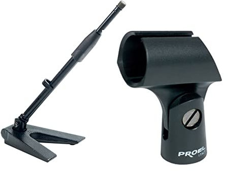 Proel DST110BK + APM10 - Base da tavolo triangolare con asta per Microfono, Nero Opaco + Supporto APM10 Reggimicrofono, Nero