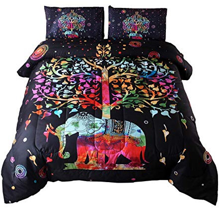 Meeting Story 3-teiliges indisches Bohemian-Tagesdecke, Elefant, mit buntem Baum, Boho-Mandala, Mikrofaser-Steppdecken-Set (schwarz-mehrfarbig)