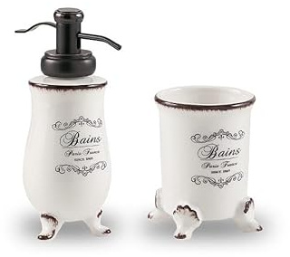 Kiamami Valentina - Keramik-Set in weißer Farbe | Amelia | 2-teilig: Zahnbürstenhalter und Seifenspender, Keramik, dekoriert, provenzalischer Stil, freistehend, Serie Amelia