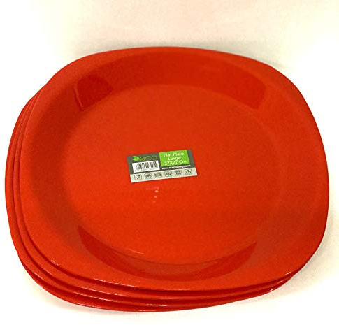 ECO 4 Pc Unbreakable Flat 27 x 27 cm Red Round Plastic Plates | Small Bright Flat Kids Plates | Stackable Plastic Plates Reusable for Birthdays, Picnic, BBQ & Parties (Red, Large)