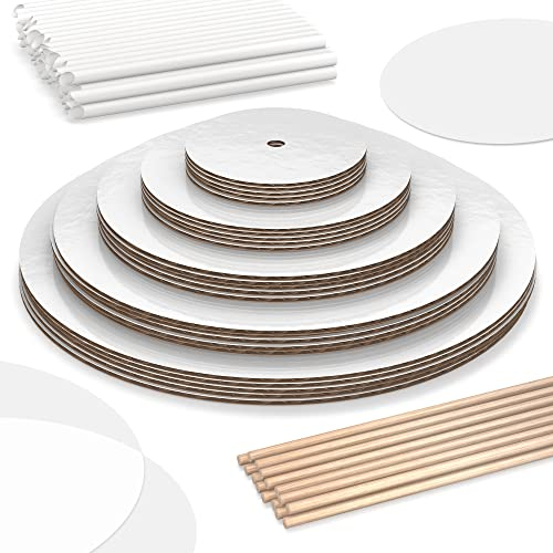 BLUSHORE Cake Boards Tiering Kit - 5-Tier Cake Kit with 12, 10, 8, 6, and 4 Inch Rounds (5 Each), Parchment Paper, Wooden & Straw Dowels