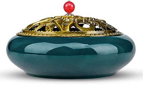 Quemador de incienso de cerámica, quemador de incienso de cerámica, quemador de incienso, exquisito de porcelana, carbón vegetal con cubierta de metal, redondo, chino, porcelana, cuenco de incienso
