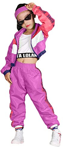 LOLANTA 3 pezzi vestiti hip hop per ragazze, tuta colorblock retrò anni '80, canotta corta, giacca con cerniera, pantaloni jogger, Rosa rossa, 6-7 anni, 130
