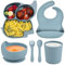 Domueay Vajilla Bebe de Silicona con Plato Ventosa Cuenco Tenedor y Cuchara Vaso Aprendizaje y Babero, 6 Piezas Robusto Elefante Vajilla Infantil Libre BPA, Dia de la Madre, Azul