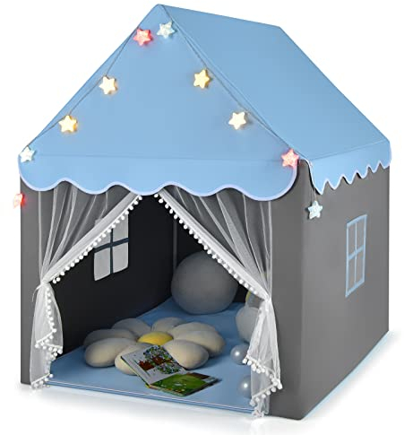 GOPLUS Tienda Campaña Infantil, Tienda de Princesa con Luces de Estrellas, Plegable Play Carpa, Cabaña, Playhouse Toy para Juegos de Interior y Exterior, con Ventana de Malla, Alfombra de Algodón