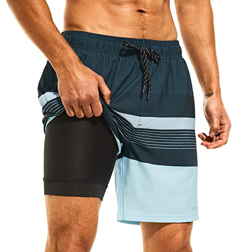 HODOSPORTS Mens Swimsuit Trunks 7 Quick-Dry Swim Shorts with Compression Liner and Zipper Pockets (Large,Stripe C)