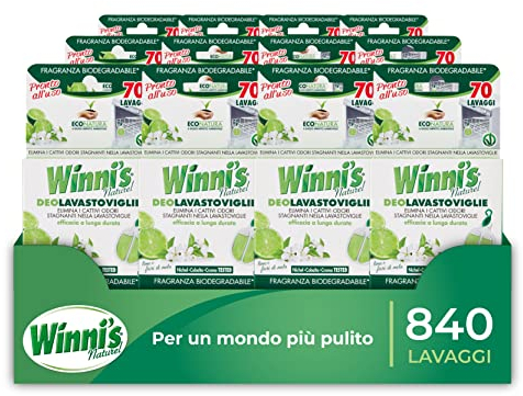 Winni's - Désodorisant pour lave-vaisselle, 840 lavages, élimine les mauvaises odeurs, parfum citron vert et fleurs de pomme, avec matières premières d'origine végétale et bio, 12 paquets