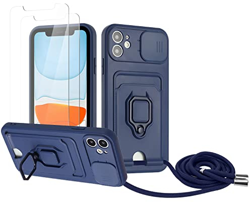 Zallagre Cordon de Coque Compatible avec iPhone 11,[2 Pièces] Verre Trempé,Lentille Coulissante Couverture,360 Degrés Bague Rotatif Support,Fentes pour Cartes-Bleu Marine