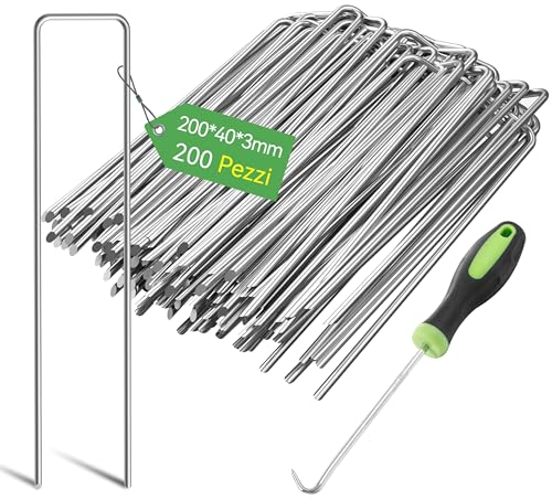 Graxury 200 Piezas 20cm Ø 3mm Estacas Resistentes para Jardín - Grapas de Acero Galvanizado para Fijar Telas Antihierba, Redes y Tubos de Riego con 1 Gancho de Selección