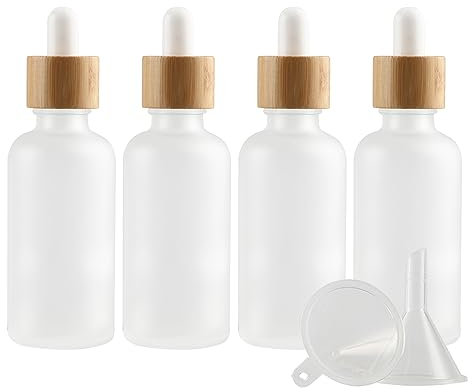 PQPAUTY 4 Pièces 50ml Flacons en Verre Transparent Mat avec Pipettes, 50 ml Bouteilles Compte-gouttes en Verre Vides avec Bouchon à Vis Bambou Pour Les Huiles Essentielles Aromathérapie