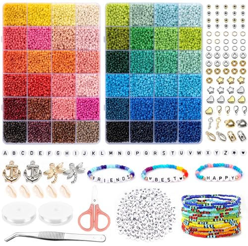 16000 Stück 3mm Perlen Bunte Set, 300 Stück Buchstabe Perlen,Glasperlen Ketten Selber Machen mit Elastischen Schnüre Schere, Beads set für Armbänder Schmuck, für Weihnachten Kinder Geburtstage Party