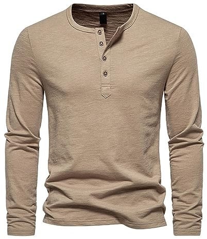 Mens Long Sleeve Shirts with Pockets Mens Linen Shirts Long Sleeved V-Neck Henley T Shirt Grandad Cotton Summer Tops Casual Beach Yoga Top Khaki