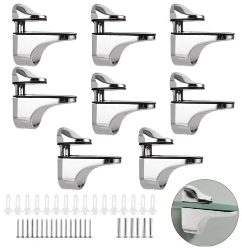 MEIDIV 8PCS Glass Shelf Brackets, Polished Chrome Glass Shelf Bracket Clamp, 3-21mm Adjustable Glass Shelf Supports, Wall Mount Floating Shelf Holder Bracket for Bathroom