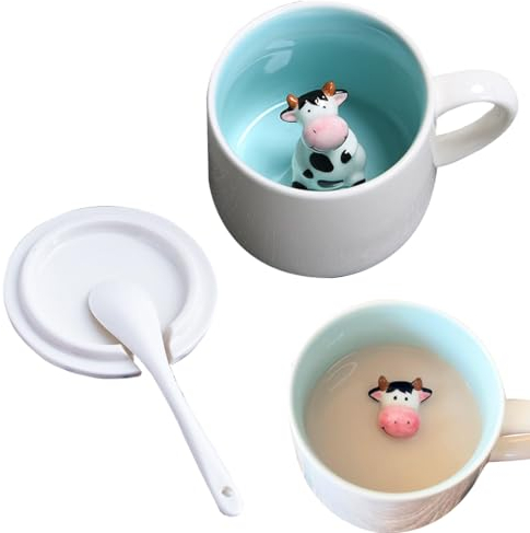 Süße Kuh Kaffeebecher - 3D Tier Tasse Aus Keramik, 350ml Teetasse Mit Löffel, Geschenk Für Tierliebhaber