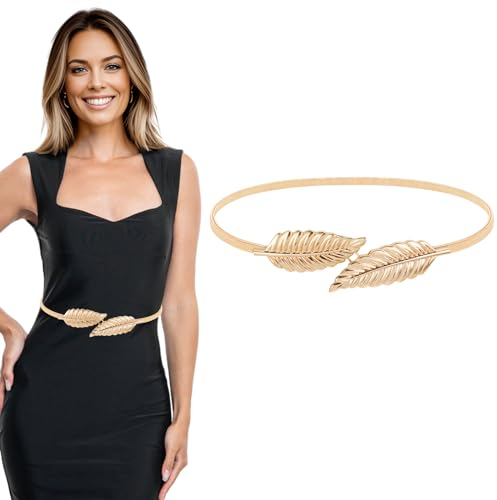 Jeffdad Stretchgürtel Dünner Damen, Elastische Metallgürtel Stretchy Skinny Taillengürtel Verstellbarer Gürtel Kettengürtel Dekorativer Gürtel Mode Slim Taillen Gürtel für Kleid Belt Damen(Gold)