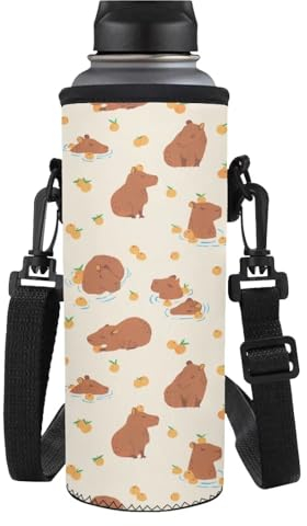 HUGS IDEA Cartoon Capybara Water Bottle Sleeve Boys Girls Botter Carrier Sling Bag Neoprene Carrier Insulated Bottles Cover with Strap
