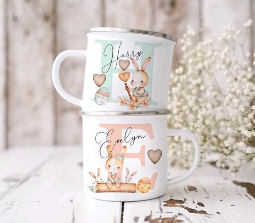 The Whistling Wren Unbreakable Personalised Easter Mug, Vintage Rabbit Initial, Easter Bunny Gift, Kids Easter Gift, Unbreakable Mug, Easter Bunny Mug, Easter Metal Mug (Pink), 946068