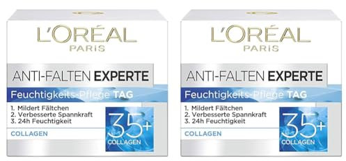 L'Oréal Paris Feuchtigkeitspflege für das Gesicht, Pflegende Anti-Aging Creme mit Kollagen Biosphären, Mildert Fältchen und spendet 24H Feuchtigkeit, Anti-Falten Experte 35+, 1 x 50ml (Packung mit 2)