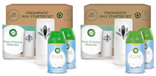 Air Wick Freshmatic Max PURE – Starter Set mit Gerät und 2 Nachfüllern – Lufterfrischer automatisch – Duft: Frische Wäsche – 2 x 250 ml Nachfüller + Gerät in Weiß (Packung mit 2)