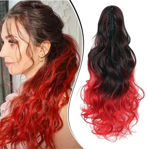 Dcbaboo Pferdeschwanz Haarteil Zopf Extension mit Klammer Wellige Lang Ponytail Extensions Haarverlängerung Clip Synthetik Gewellte Pferdeschwanz Haarextension Zopf, 45cm Schwarz Ombre Rot