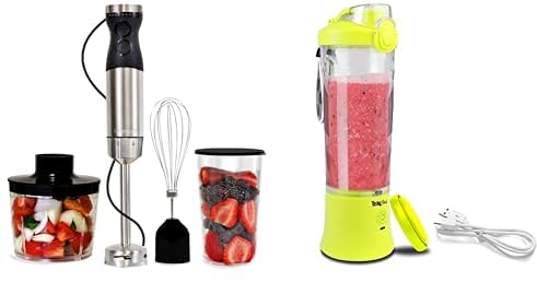 Kenmore Hand Blender 4-in-1 Immersion Blender Electric Food Chopper 700ml Variable Speed Hand Blender + Total Chef Portable Blender 600ml Personal USB Rechargeable Mini Blender with 6 Blades Yellow