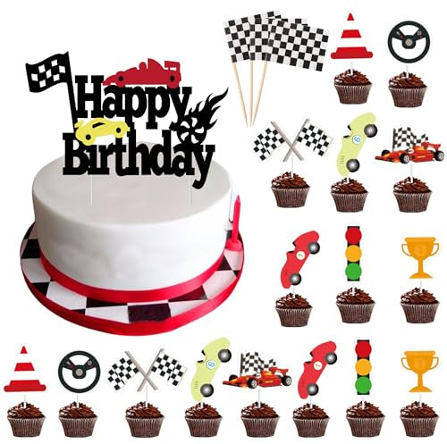 Cars Geburtstagsdeko Auto Tortendeko - 27 Stück Rennwagen Kuchendeko, Karierte Flagge Cupcake Topper, Happy Birthday Cake Topper, Muffins Deko, Sport Mottoparty Deko für Jungen