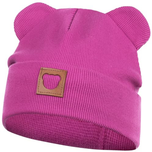 Smarilla Mütze Übergangsmütze Junge Mädchen Herbstmütze Frühlingsmütze Beanie Ohren gerippt, Größe: 42-44, Farbe: Fuchsia