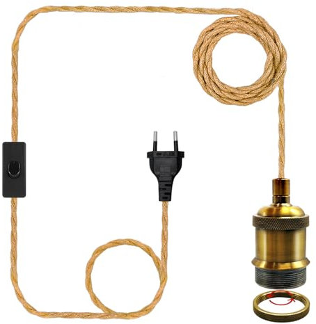 510CM Cable de Lámpara de Cuerda de Cáñamo, E26 E27 latón antiguo base de Vintage Lámpara Cuerda Colgante, Portalámparas Colgante Metal con Enchufe y Interruptor para Hogar Bar Estilo Rústico