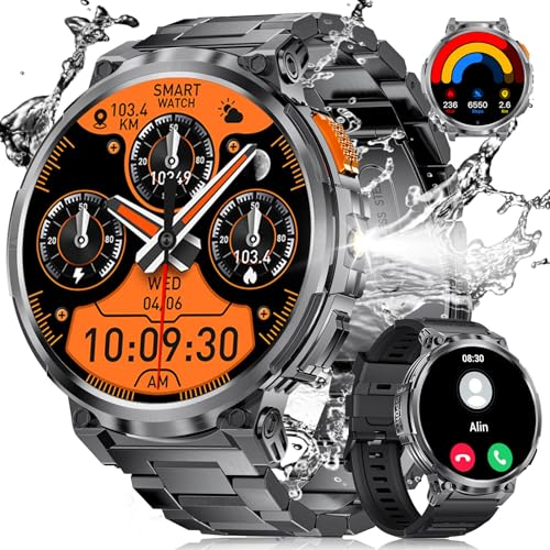 Montre Connectée Homme avec Torche LED, 1.85'' HD Grand Écran 730mAh Montre Connectée avec Appels Bluetooth, IP68 Étanche Smartwatch avec 24/7 Fréquence Cardiaque, SpO2 pour Android iOS, 2 Bracelets
