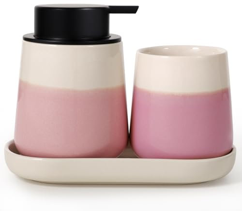 Autumnlife Set da bagno rosa, 3 pezzi, set di accessori da bagno in ceramica, accessori decorativi per il bagno, set di dispenser di sapone, bicchiere per spazzolini e mensola da bagno per gioielli,
