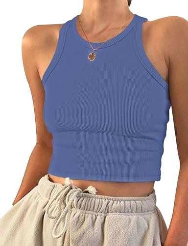 PLOKNRD Damen Ärmellos Racerback Rundhals Tank Top Blau M