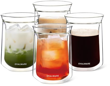 ovalware Double Wall Single Lip Insulated Glass Cup, Set of 4 (12oz / 350ml) - Borosilicate Glass For Coffee, Tea, Whiskey, Cocktails & All Beverages - Minimalistic & Durable Double-Wall Drinking Mug