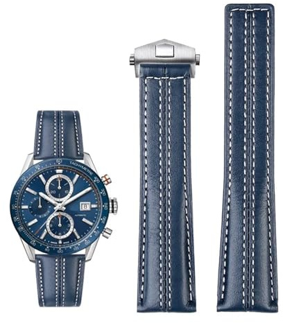VELORE 22 mm echtes Lederarmband für Tag Heuer-Uhr Carrera Monaco Herrenarmbanduhr Rindsleder-Faltschließe(Blue silver buckle)