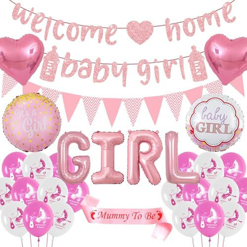 Welcome Home Baby Girl Deko - Willkommen Zuhause Girlande Luftballons Dekoration Set Rosa, Herzlich Willkommensdeko Storch Geburt Balloon Mommy to Be Schärpe für Mädchen Babyparty