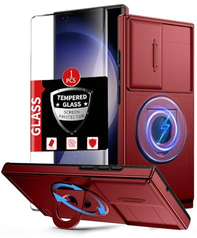 FRLMOOES for Samsung Galaxy S22 Ultra Case Magnetic Compatible with MagSafe Wireless Charging,with Screen Protector,Built-in Stand Ring+Camera Cover Anti-Scratch Shockproof Heavy Duty Protection Red