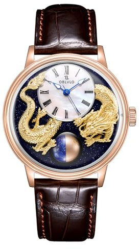 OBLVLO Top Luxus 3D Doppel Chinesische Loong Kalbsleder Automatikuhr für Herren Wasserdicht Mechanische Klassische Uhren SCM-Drag, SCM-DRAON-PGWL, Tendência