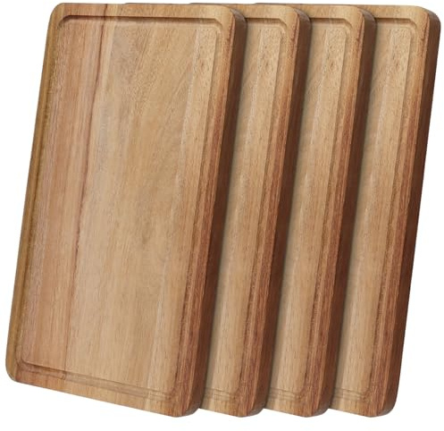 FUNSUEI 4 tablas de desayuno de madera, 30 x 20 x 1,5 cm, bandeja de madera, rectangular, para servir, bandeja decorativa de acacia para desayuno, postres, cocina, comedor
