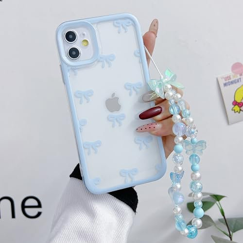ZTUOK Kompatibel mit iPhone 11 Hülle für Damen und Mädchen, niedliches Schleifenmuster, weiches TPU, stoßfest, mit Perlenkette, transparenter Schutz für iPhone 11, Blau