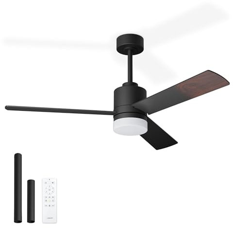 Noaton Ventilateur de plafond avec lumière et télécommande, Canis, noir/bois foncé, 3 pales, silencieux, Ø132 cm, mode hiver-été, moteur DC, 6 vitesses, minuterie, LED dimmable, double hauteur
