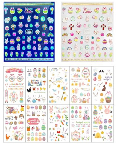 Wasise 5 Pcs Easter Nail Stickers - 10 Pcs Easter Tattoos for Kids, Nail Decals, Kawaii and Cute Bunny Stickers, Nails Designs for Art, Nails Tattoos Water Transfer, Girls Kids Tattoo Temporary