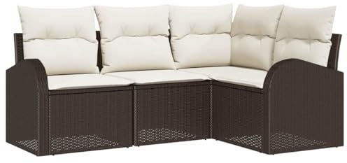 vidaXL Garten-Sofa-Set mit Kissen 4 pcs Braun und Weiß Poly Rattan, Garten und Terrasse, rechteckig, modern, verstellbare Füße, langlebig, UV-beständige Materialien, Sitzgruppe für draußen