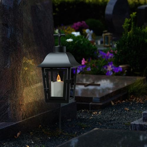 Grablaterne mit weißer LED Kerze Grablicht mit 2 wechselbaren Spitzen (Kugel, Kreuz) und Erdspieß Grableuchte Grablampe Friedhofslaterne Gartenlaterne schwarz (Laterne mit Kerze/Typ7)