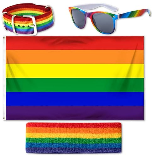 Progress Pride Flag Set, Pride Accessoires Lgbtq Outfit mit Regenbogen Flagge 150 x 90cm, Regenbogenfahne, Regenbogen Stirnband, Brille, Armband