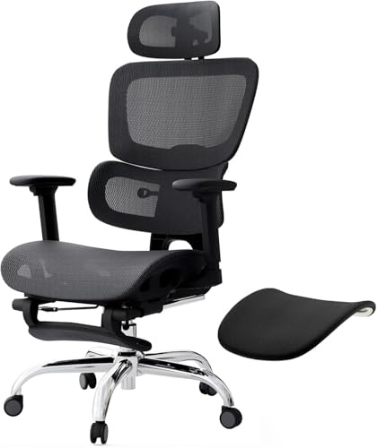 Ergonomischer Bürostuhl Voll-Mesh 150kg mit Fußstütze, Schreibtischstuhl mit Abnehmbarem Kissen, Selbstanpassende Lendenstütze, Höhenverstellbarer Rückenlehne, Kopfstütze, PU-Rolle 360°, Schwarz