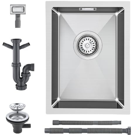 KEOKBON 30x40cm Kitchen Sink, 304 Stainless Steel Small Bar Sink, 14cm Deep Undermount/Topmount with Complete Waste Kit, 2 Extra Inlets for Dishwasher & Washing Machine, Single Bowl， Brushed Finish