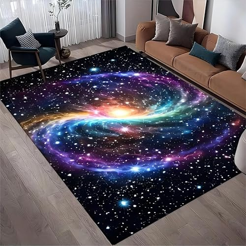 Kuluoits Galaxie Teppich, 60x110cm, Sonnensystem-Teppich, Blau-Lila, Weltraum-Motiv. rutschfest und Waschbar Teppiche für Kinderzimmer und Wohnzimmer Funkelnder Sternenhimmel-Print