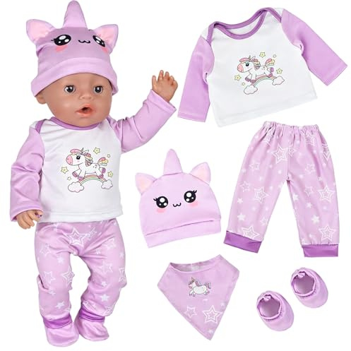 Puppenkleidung für 36-43 cm Baby Puppen, Lila Pony Puppenkleidung Outfits mit Hut Hose Latz Socken, Rebornpuppenkleidung 14-17 Zoll Puppen Kleidung Puppen Zubehör Set Mädchen Geburtstag Geschenk